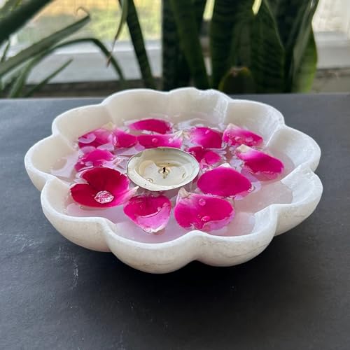Image of Marble Urli Bowl for Decoration | Big Potpourri Decorative Bowls in Home decor | Large White Floating Flower Plates of Stone | Small Shape puja Item | (6 inch, Daisy Burst)