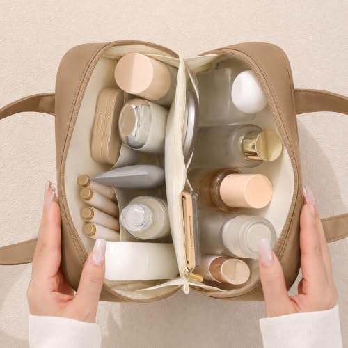 Image of WEMOL Large Opening Cosmetic Travel Bag for Women, Mocha Brown Big | Super Soft, For Brushes, Toiletries, Cosmetics