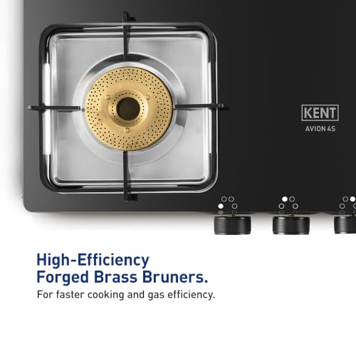 Image of KENT Avion Gas Stove 4 Burner SQ | Toughened Glass Top 8mm |SABAF Italian Gas Valve | Forged Brass Burner | Metallic Knob |Heat Resistance Coating |Cleaning Stand | LPG /PNG Compatible|5Yr Warranty