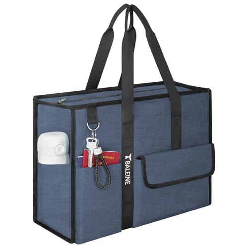 BALEINE Large Utility Tote Bag with Reinforced Bottom, Multi Pockets Foldable Tote Bag for Nurse, Travel, Work Large Navy
