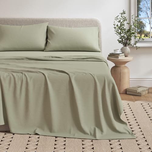 Image of Great Bay Home Cotton Jersey Knit King Sheet Set - Ultra-Soft, Stretchy, Heathered Melange Bed Sheets - Cozy, Soft T-Shirt Sheet & Pillowcase Set (Heathered Olive)