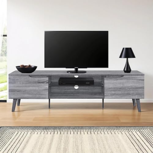 Image of Zenith TV Stand Entertainment Center & Modern Media Console Table for Living Room | Two Storage Doors | Tempered Glass Middle Shelf | Solid Wooden Legs | Space Gray