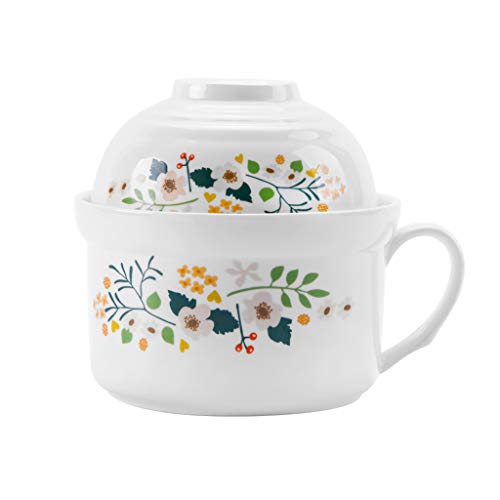 KSWD Tazones de consomé Tazón para Sopa con asa Sopera Bol Cuenco Taza Cerámico con Tapa Fideos instantáneos Estudiante Horno microondas Grande