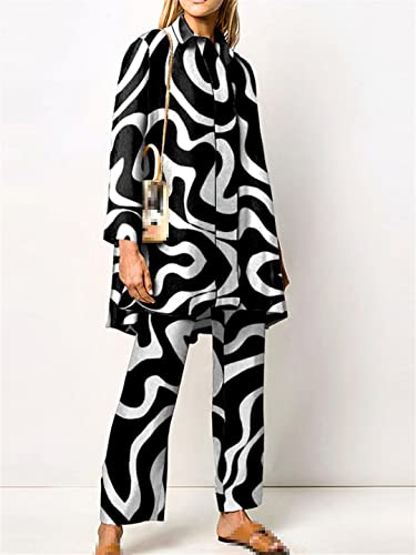 Lady Office Sets Print Vintage Oversized Shirts Loose High Waist Wide Leg Pants Suits Outfits3