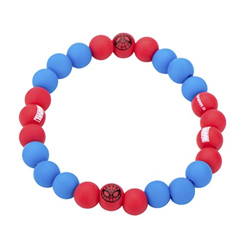 Marvel Comics’ Officially Licensed Jewelry Women's Spider-Man Expandable Silicone Beaded Stretch Bracelet in Red, Blue, and White color.