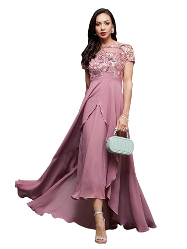 Image of Miss Chase Women's Round Neck Sleeve Embellished Fit Flare Maxi Dress