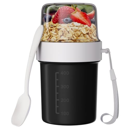 Wwtop Müslibecher to Go mit Löffel, 560ml+310ml Auslaufsichere Joghurtbecher to Go, 2 in1 Müsli to Go Becher, Praktischer Müslidose Müslibox für Kinder Erwachsene Unterwegs (Schwarz)