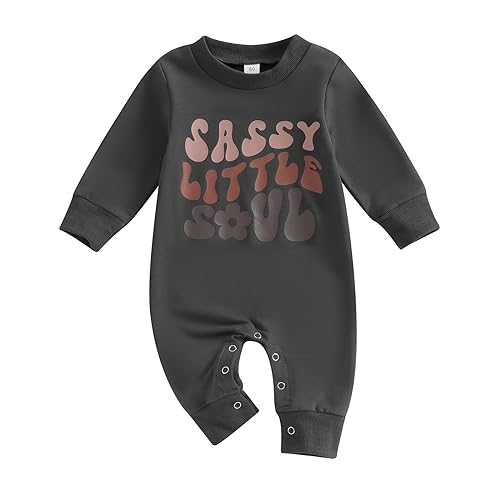BOIBOKOKO Newborn Baby Girl Boy Clothes Sassy Little Soul Long Sleeve Romper Jumpsuit Cute Fall Winter Outfit (Dark Grey, 3-6 Months)