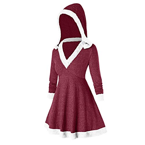 Fhuuly Vintage Frauenkleid Winter Damen T-Shirt Kleid Pure Farbe Kleid Kapuzenpulli Top Hoodies Kapuzenpullover (Weinrot, L) Cover