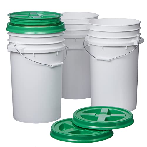 Consolidated Plastics 7 Gallon White Food Grade Buckets + Green Gamma Seal Lids, BPA Free Container Storage, Durable HDPE Pails, Made in USA (3 Pack)