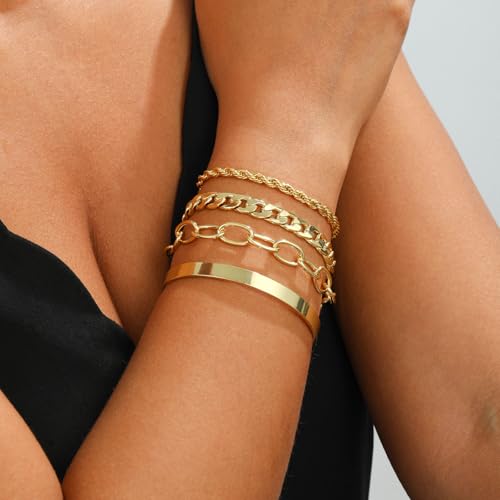 14K Gold Bracelets for Women Dainty Gold Bangle Bracelets Minimalist Stackable Rope Bead Herringbone Chain Trendy Waterproof Accessories Jewelry Set for Gifts3