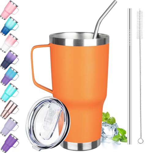 Image of 30 oz Tumbler with Handle, Stainless Steel Insulated Tumbler with Lid and Straw, Double Wall Vacuum Coffee Mug Tumbler, Insulated Coffee Thermal Cup for Cold and Hot (Orange)