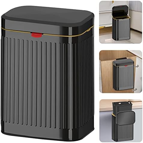 Kitchen Hanging Trash Can with Lid, 2.1Gal/ 8L Stainless Steel Trash Can Compost Bin Counter Top, Wall-Mount Indoor Kitchen Trash Bin for Cabinet, Under Sink, Bathroom (Black)