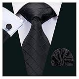 Clairefontaine Black Tie Black Silk Ties Business For Men Classic Solid Woven Pocket Square Cufflinks Sets Party Formal(Color 06)