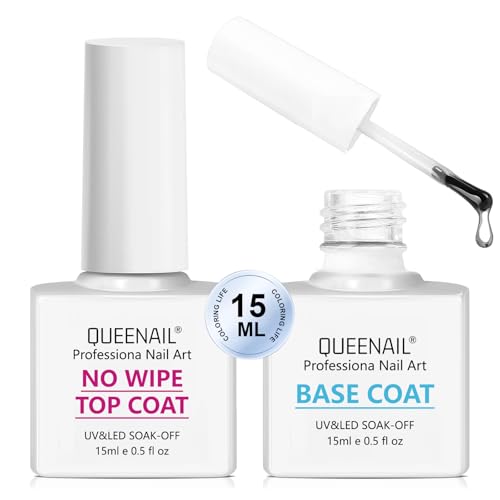 Base y Top Coat Semipermanente, 2×15ml Top Coat y Base Coat No Wipe Primer Uñas, Esmalte Semipermanente de Uñas en Gel UV Kit, Soak off, Brillo para Nail Art, Pintauñas para Pedicura y Manicura