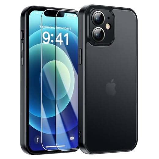 FLLAO Coque Compatible avec iPhone 12 Mini et 2 Pièces Verre Trempé, Protection Antichoc Qualité Militaire, Anti-Jaunissement étui de Housse Arrière Translucide Givrée. (Noir)