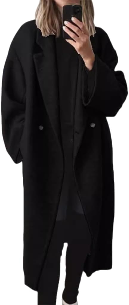 Women's Double Breasted Wool Trench Coat, Long Sleeve Notch Lapel Winter Overcoat