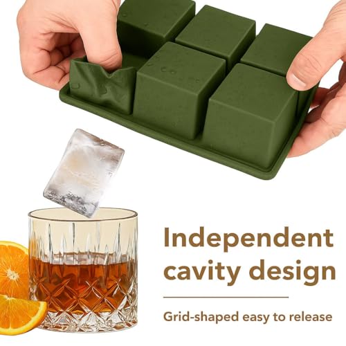 Image of 2PECK Silicone Ice Cube Tray with Lid, Large 6-Cavity Square Ice Cube Moulds for Freezer, Easy Release & Stackable Ice Trays for Whiskey, Cocktails, Beverages, Coffee & Home Bar. (Green)