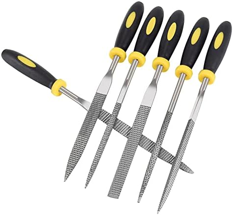 6Pcs Small Needle File Set Mini Metal for Precision Work/Jewelry/Model/Woodworking/DIY Includes Flat/Flat Warding/Square/Triangular/Half-Round/Round Steel File, Yellow/Black