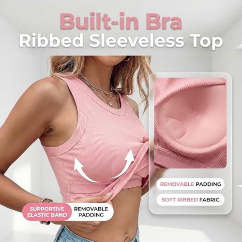 Image of Women Built-in Bra Tank Tops Sleeveless Casual Shirts Racerback Ribbed Fitted Tank Tops