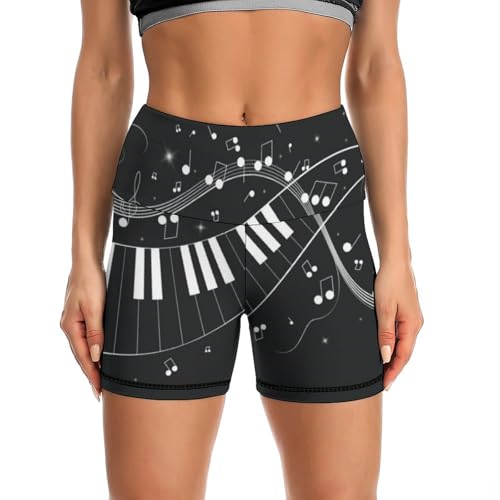 JYYAU Music Note Piano Pattern High Waist Yoga Shorts for Women Athletic Shorts Leggings Running Pants Black