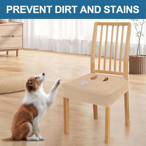 Image of Smiry Waterproof Seat Covers for Dining Room Chairs, No Rear Covers | Stretch Jacquard Removable Washable Chair Seat Slipcovers Protector, Set of 6, Khaki