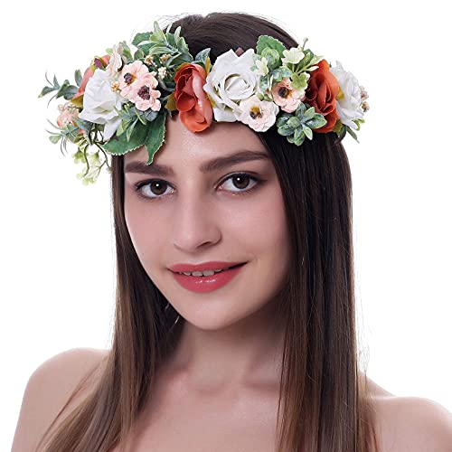 Ever Fairy Flower Headbands for Women Wedding Flower Crown for Girls Party Floral Hair Wreath Headpiece for Women Bridal Maternity (Red + White)