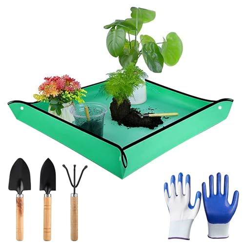 TYSM-CC Tappetino Impermeabile Pieghevole per Rinvaso Piante da Giardino 100x100cm - Superficie da Lavoro con Set di Attrezzi da Giardino Inclusi, Facile da Pulire e Conservare - Verde Brillante