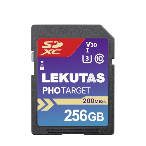 LEKUTAS 256GB SDXC UHS-I �������[�J�[�h - �ő�200MB/�b�̓ǂݎ�葬�x C10 U3 V30 4K UHD �t��HD & 4K �r�f�I SD�J�[�h Canon Nikon Sony Fujifilm DSLR �~���[���X�J��