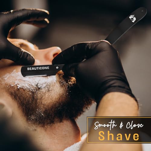 Image of BEAUTICONE Straight Razors for Men - Professional Barber Straight Edge Razor Kit with Replaceable Single Edge Blades - Navajas Para Barbero - Pouch Gift Box (All Black Swinglock New)