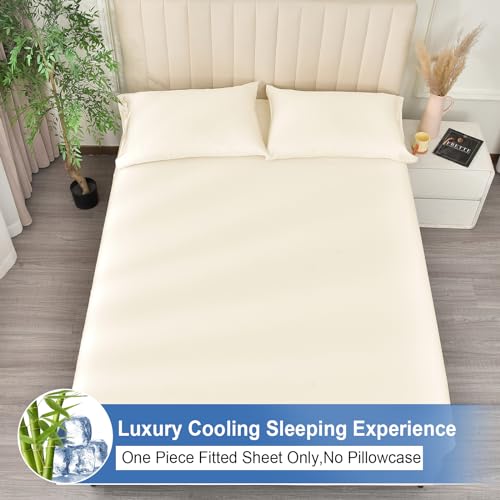 PHF 100% Rayon Derived from Bamboo Cooling Fitted Sheet King Size for Hot Sleeper,16" Deep Pocket,2.5cm Wider Strong Elastic Band Easy Fit, Breathable Silky Soft,78"x 80",Cream, No Pillowcases