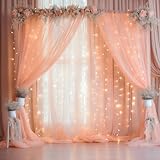 Paneles de cortina tipo telón de fondo color melocotón de 20 x 10 pies con cadena de luces para fiestas, cortinas de tul transparente para bodas, baby shower, fiesta de cumpleaños, decoración del