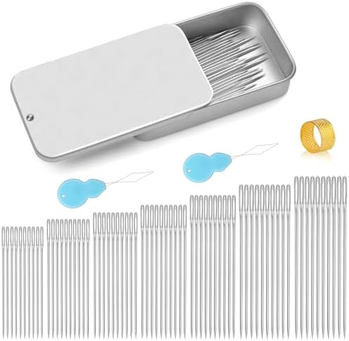 Jmuiiu 70pcs Big Eye Steel Sewing Needles, 7size Leather Embroidery Sharp Needle, Stainless Steel Yarn Knitting Needle with threader for Handsewing, Crafts, Repair, Quilting