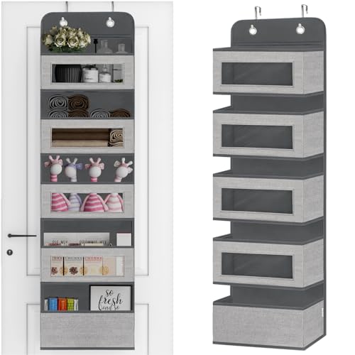 Image of VERONLY Over The Door Hanging Organizer Storage with 5 Large Pockets,Wall Mount Clear Windows and 2 Widened Metal Hooks for Pantry,Nursery,Diapers,Bathroom,Kitchen,Closet,Dorm