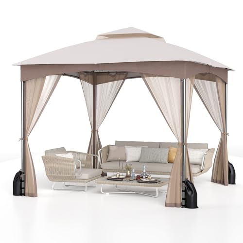 COSTWAY Cenador de jardín de 3 x 3 m, con 4 sacos de arena, 4 mosquiteras y techo doble, impermeable, estable y resistente al invierno, incluye ganchos, carpa para fiestas para terraza, jardín (caqui)