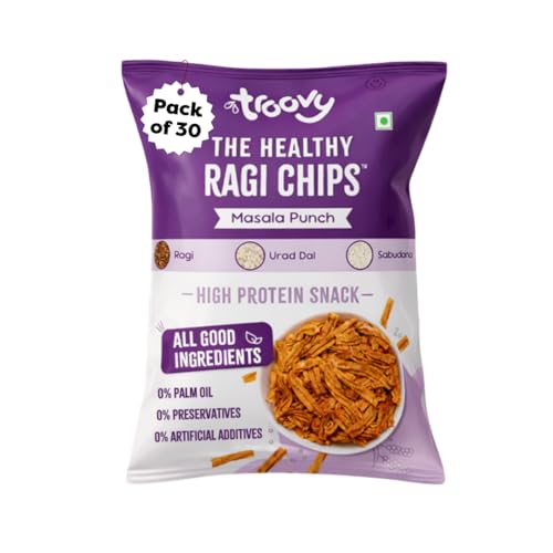 Image of Troovy Healthy Masala Ragi Chips | Tasty & High Protein Snacks | 30% Of Protein Needs | No Palm Oil, Cholesterol or Trans Fats | 70g (Pack of 30)