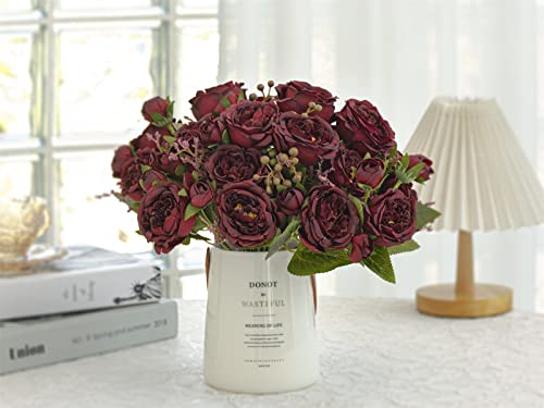Karoro 3 Bunches Artificial Flower, Burgundy Fake Peony Flowers Festive Gift, Silk Flores Arrangements For Home Wedding Party Decoration #TOP6