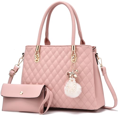 I IHAYNER Womens Leather Handbags Purses wite Wallet Top-handle Totes Purses for Women Satchel Shoulder Bag for Ladies with Pompom, 2 Pieces, Pink