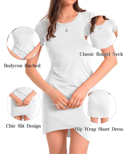 Women Summer T Shirt Casual Dress Crew Neck Wrap Ruched Bodycon Short Sleeve Party Club Mini Dresses White4