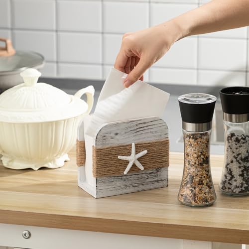 Image of Natural Wooden Napkin Holder, Farmhouse Napkin Holders Upright Wooden Tissue Dispenser for Kitchen Dining Room Table Decor Indoor & Outdoor Use (Beach Style,White)
