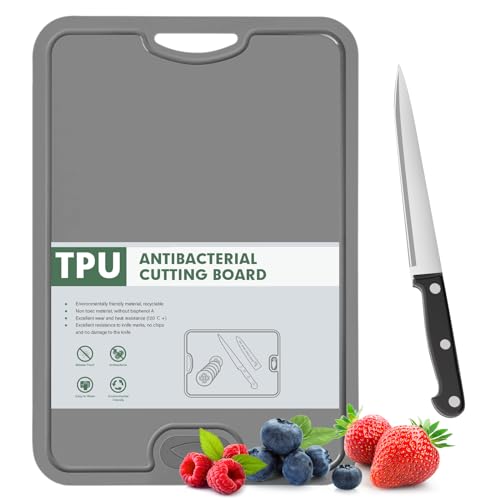 Gintan TPU Cutting Board, BPA-Free, with Knife and JuiceGroove,Scratch Resistant Flexible Cutting Boards for Kitchen, Dishwasher Safe, Easy-Grip Handle, Non-Slip （Dark Grey）