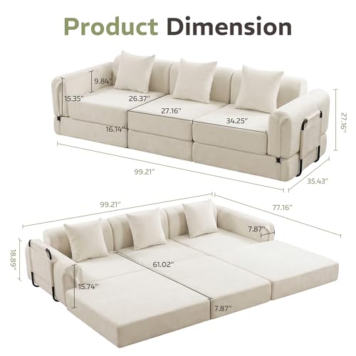 Image of 100 inch Convertible Sofa Bed, 5-in-1 Modular Sectional Cloud Couch with Fixed-Shape Frame & Storage Pocket, No Assembly Required Boneless Sleeper Sofa for Living Room, Chenille Beige