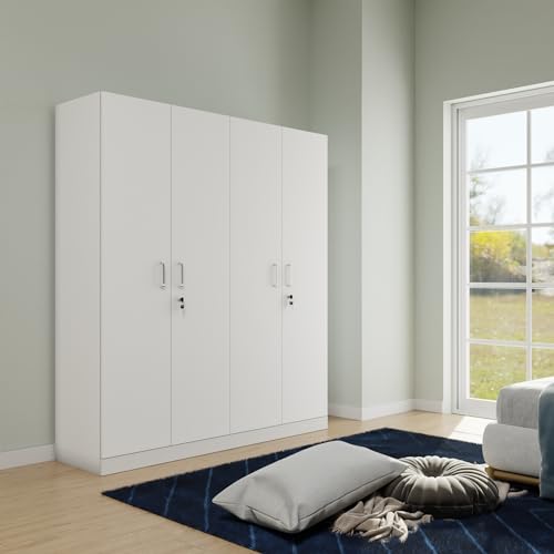 Image of VIKI Wardrobe | Wooden Almirah for Clothes,Door for Bedroom, 4 Door Wardrobe with Shelves & Hanging Space (Frosty White - 40D x 160W x 180H) | 1 Year Warranty | Free Assembly
