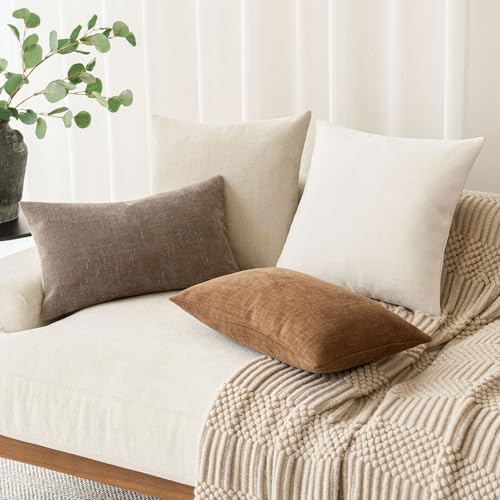 Image of Foindtower Pack of 2 Soft Textured Chenille Throw Decorative Pillow Covers Lumbar Accent Solid Cushion Cover Cozy Farmhouse Pillow Case with Zipper for Couch Sofa Bed Living Room 12x24 Inch, Taupe
