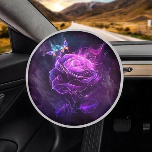 Image of Purple Rose Steering Wheel Sunshade Cover Anti Slip Car Interior Accessories for Sun Heat Car Interior Sunshade Easy Installation Universal Fit Most Cars Women