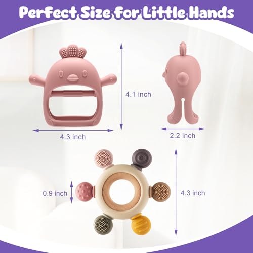 2 Packs Baby Teething Toy for 3-6 6-12 Months, Teether Mitten & Silicone Rudder with Wooden Ring, Food Grade Silicone, BPA-Free, Baby Chew Toys for Sucking Needs - Image 4
