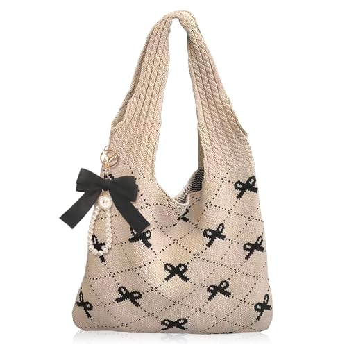 Image of JeVenis Black Crochet Tote Coquette Bow Aesthetic Hobo Bag for Women Beach Mesh Knitted Shoulder Bag Boho Shoulder Handbag
