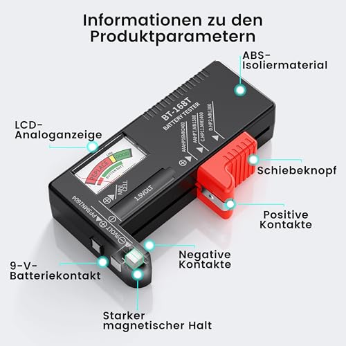 Dlyfull Batterietester Pro mit Magnet-Halterung gegen Herausfallen – Batterie Tester für AA, AAA, C, D, 9V & 1.5V Knopfzellen – Präzises Batterieprüfgerät ohne Strom