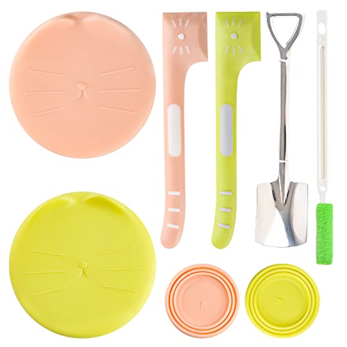 ペット用 キャットフード缶カバー 猫缶カバー 猫缶フタ 犬缶フタ 缶詰の蓋 ペット缶蓋 ペットフード缶用品セット 各種サイズ適合 シリコンキャップ 猫缶詰用スプーン付き クリーニングブラシ付き (ピンク+グリーン)