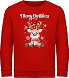 Sweatshirt Kinder Pullover für Jungen Mädchen - Weihnachten Kinder Geschenke Christmas - Merry Christmas - süßes Rentier mit Lichterkette - 152 (12/13 Jahre) - Rot - JH030K